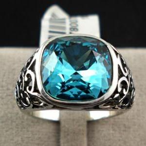 Antique Turquoise Lab Sapphire Crystal Ring - Sz 5..