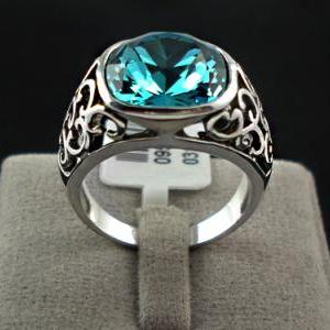 Antique Turquoise Lab Sapphire Crystal Ring - Sz 5..
