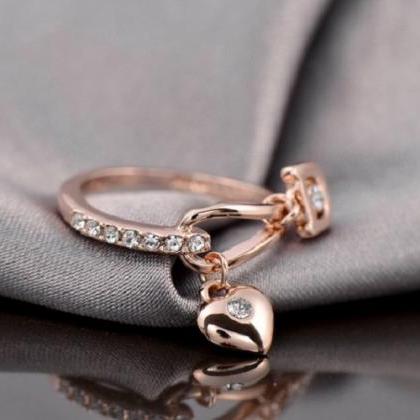 Rose Gold Crystal Heart And Padlock Charm Ring..