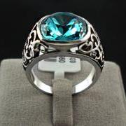 Antique Turquoise Lab Sapphire Crystal Ring - sz 5 thru 9