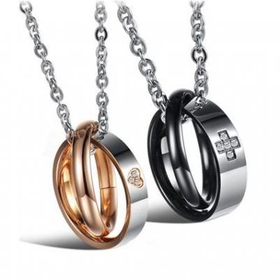 Couple Necklace Set - Titanium Steel Cross and Heart Engraved Couples Rings; Rose Gold Black Ring Band Necklace; Anniversary Gift Ideas