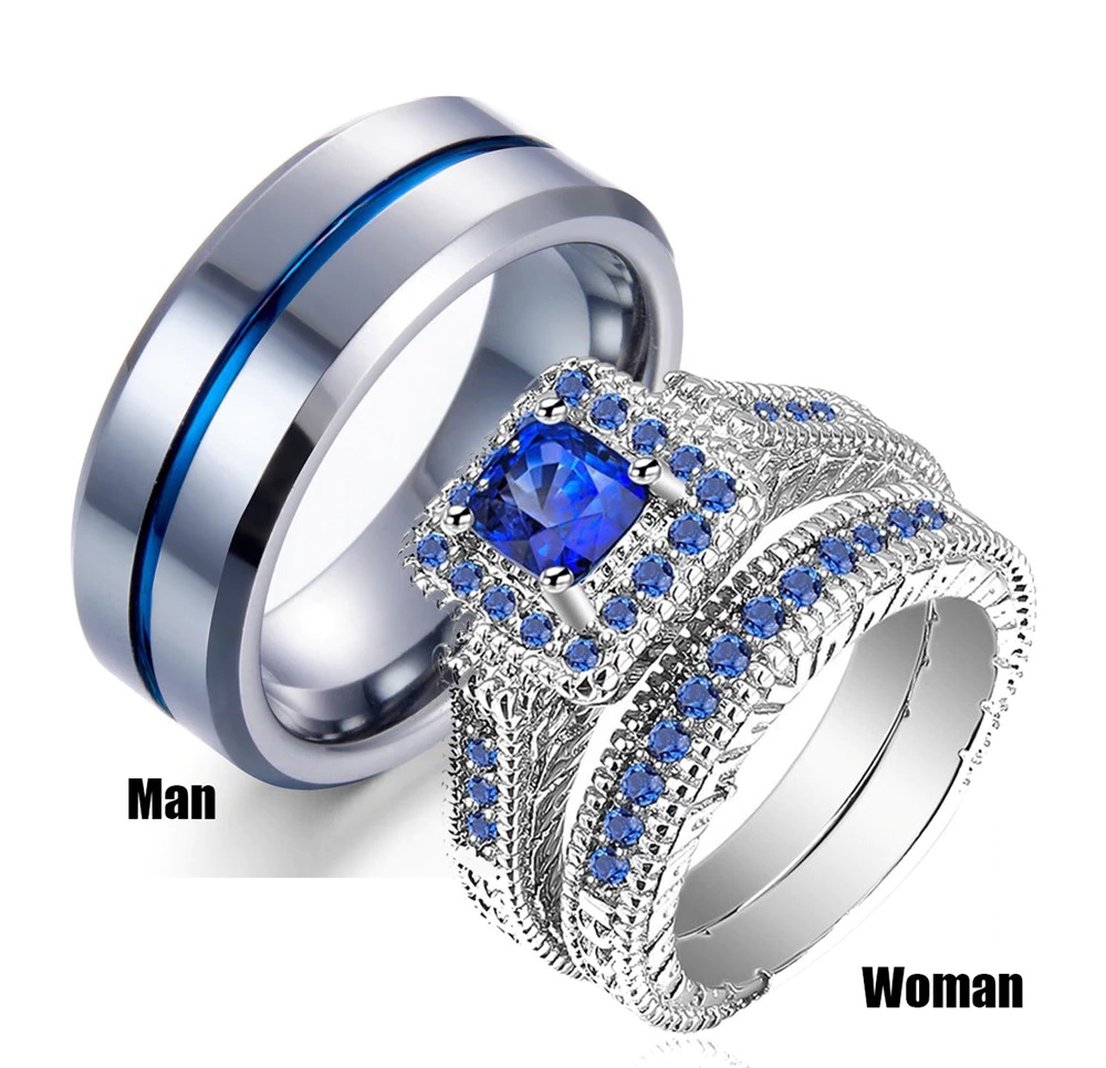 His & Hers Couple Ring Set Women Platinum White Blue Stone CZ Engagement (avail sizes 5 thru 13)