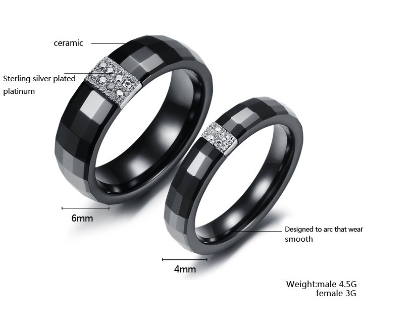 Platinum Plated CZ Diamond Black Ceramic Couple Promise Ring - (avail ...