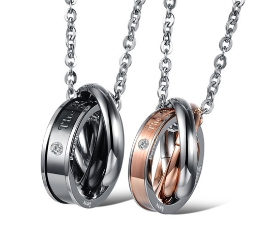 Couple Necklace Set - Titanium Steel Engraved Couples Rings; Rose Gold Black Ring Band Necklace; Anniversary Gift Ideas