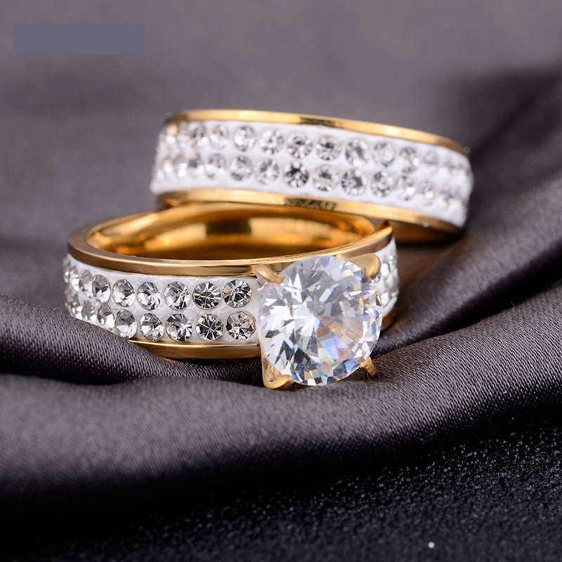 Stunning 2pc Set Gold Plated Stainless Steel Diamond Anniversary Engagement Ring For Her - sizes available in 6 thru 10