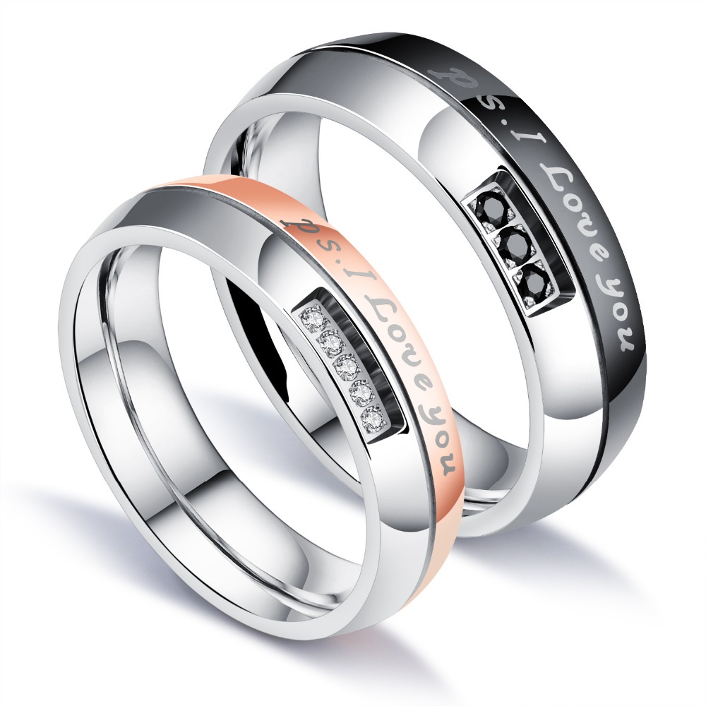 Couple Rings (2pc) - I Love You Engraved Words For Couples With Pave Cubic Zirconia In Black/rose - Sz 5 To 10