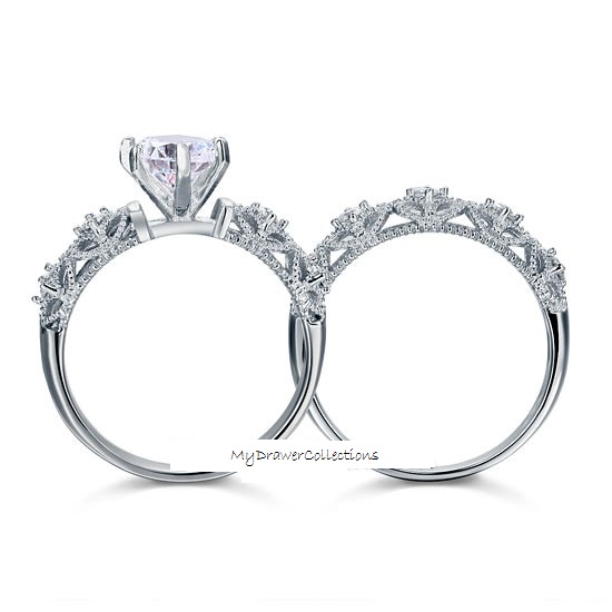 Victorian Floral 1.25 Carat Cz Diamond Solid Sterling Silver - 2pcs Solitaire Ring Set (sizes From 6 Thru 9)