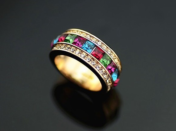 18k Ygp Multi Color Pave Setting Austrian Crystal Band Ring