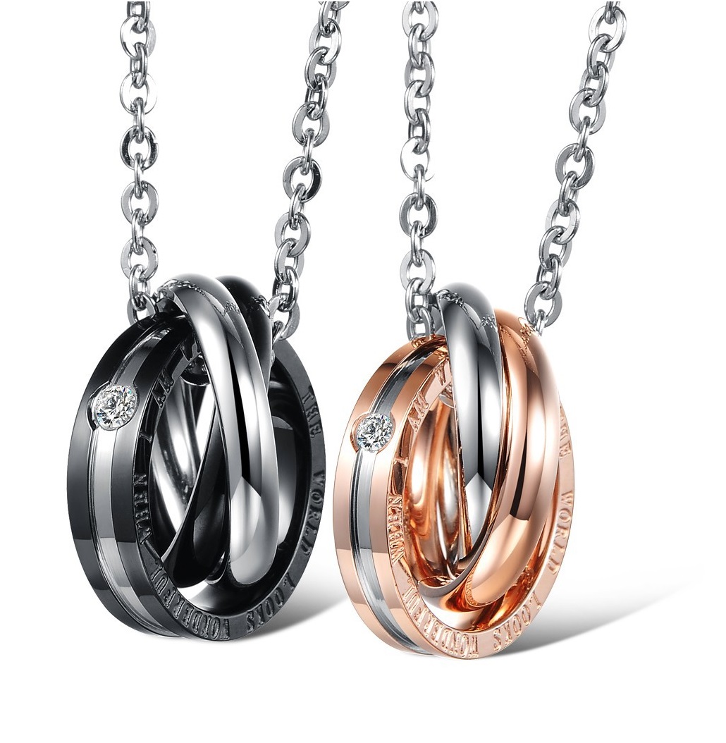 Matching Couple Necklace - Him & Her Triple Ring Band Couple Necklace ...