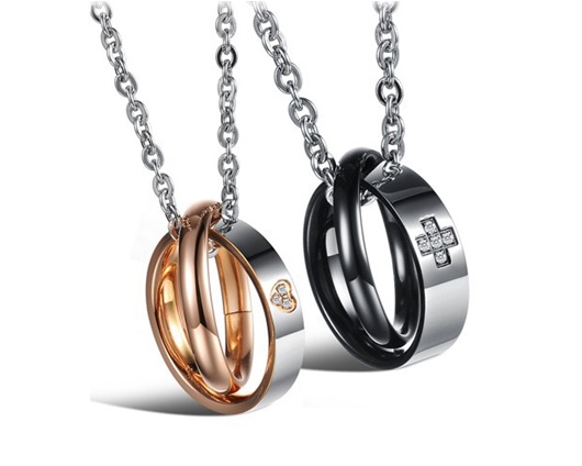 Couple Necklace Set - Titanium Steel Cross And Heart Engraved Couples Rings; Rose Gold Black Ring Band Necklace; Anniversary Gift Ideas