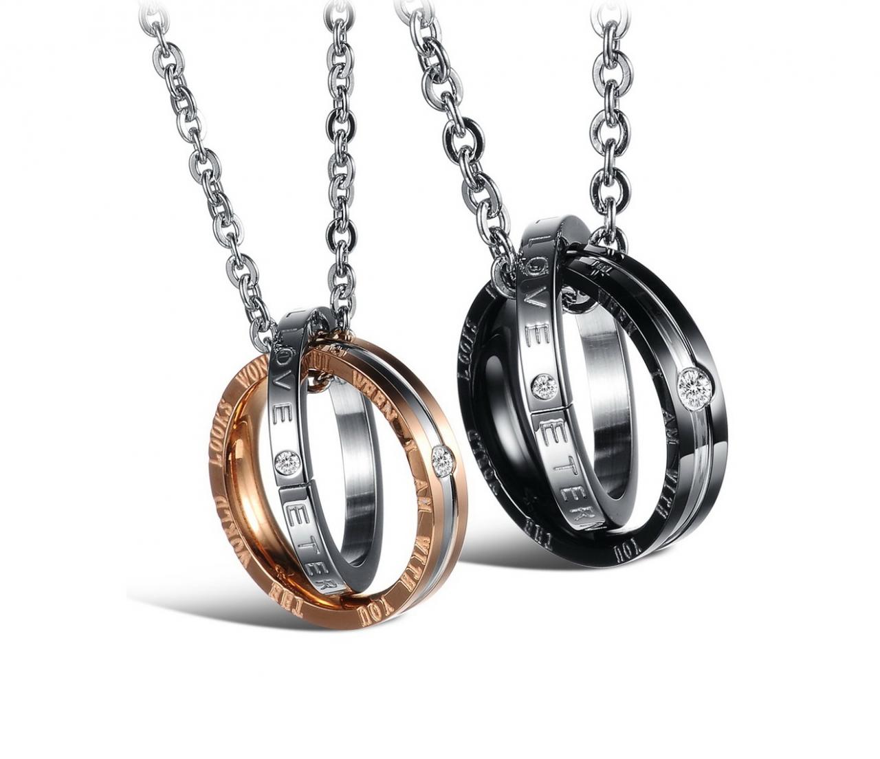 Couple Necklace Set - For Him & For Her Love + Eternity Titanium Necklace; Stainless Steel Jewelry, For Couple Or Lovers;