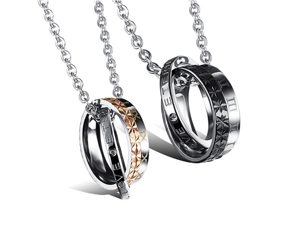 Couple Necklace Set - 2 Pc For Him & Her Double Ring Eternal Love Necklace; Roman Numerals Couple Necklace, Anniversary Gift Ideas; 2 Pc