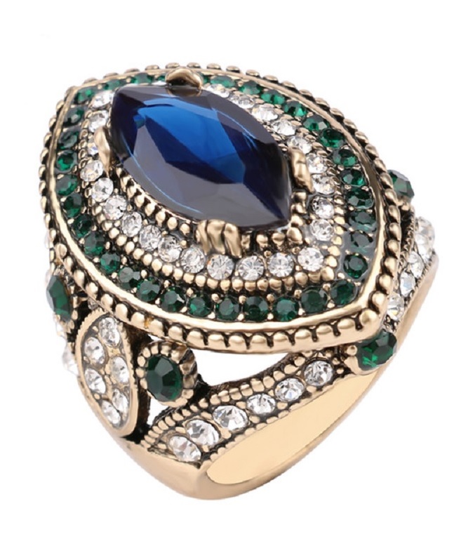 Gorgeous Turkish Blue Mosaic Crystal Ring - Sz 7 Thru 10