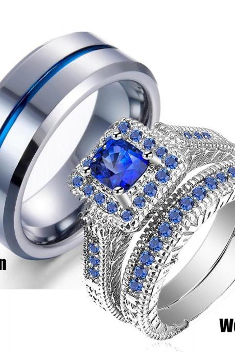 His &amp;amp;amp; Hers Couple Ring Set Women Platinum White Blue Stone Cz Engagement (avail Sizes 5 Thru 13)