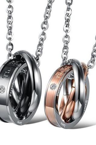 Couple Necklace Set - Titanium Steel Engraved Couples Rings; Rose Gold Black Ring Band Necklace; Anniversary Gift Ideas 