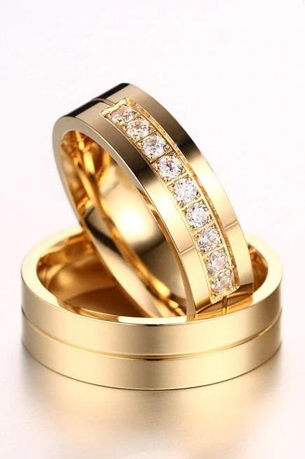 Stainless Steel Gold CZ Matching Couple Rings (2pc Set) Promise Rings (avail sizes 5 thru 13)