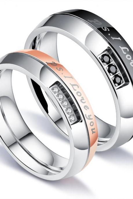 Couple Rings (2pc) - I LOVE YOU Engraved Words For Couples with Pave Cubic Zirconia in Black/Rose - Sz 5 to 10