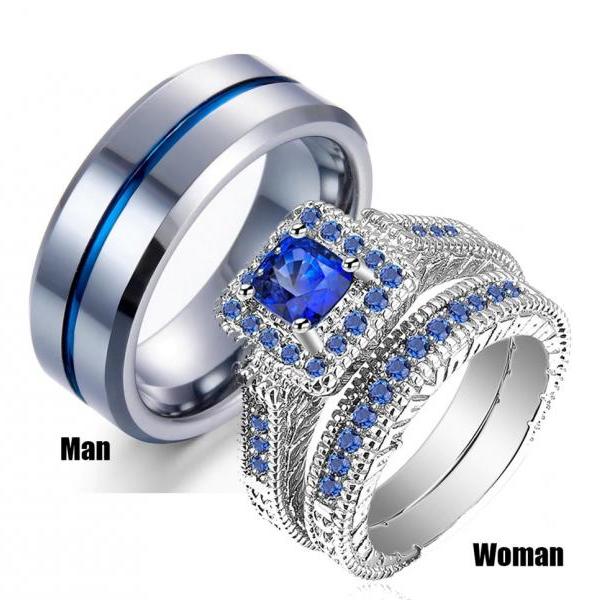 His & Hers Couple Ring Set Women Platinum White Blue Stone CZ Engagement (avail sizes 5 thru 13)