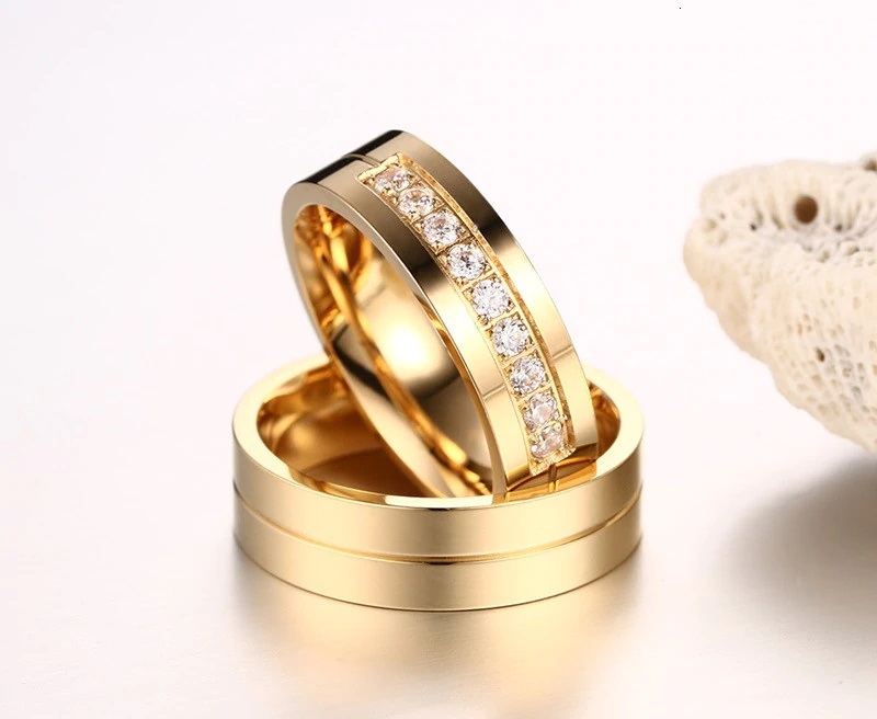Stainless Steel Gold Cz Matching Couple Rings (2pc Set) Promise Rings ...